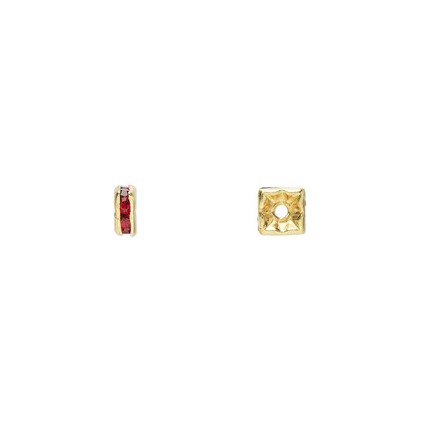 Bead, glass rhinestone and gold-finished brass, garnet red, 4x2mm squaredelle. Sold per pkg of 10. image number 0