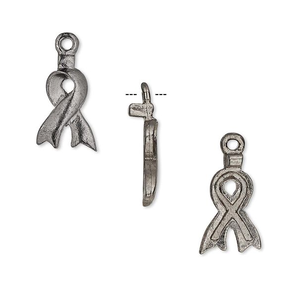 Bail, glue-on earring, gunmetal-plated pewter (tin-based alloy), 18x9mm with 13x9mm awareness ribbon. Sold per pair. image number 0