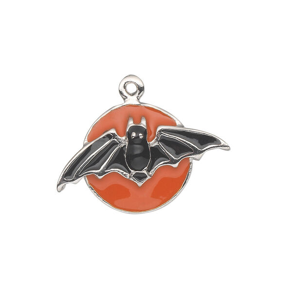 Charm, silver-plated "pewter" (zinc-based alloy) and enamel, black and orange, 27x17mm single-sided bat with moon. Sold individually. image number 0