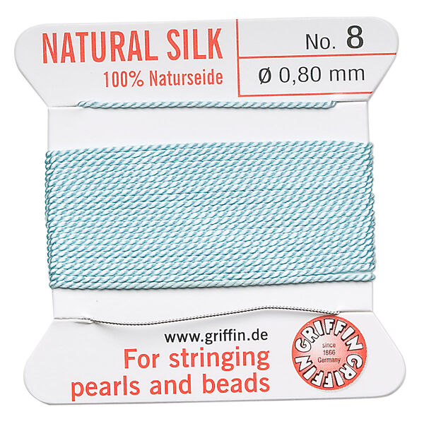 Thread, Griffin, silk, turquoise blue, size #8. Sold per 2-meter card (approximately 78 inches). image number 0