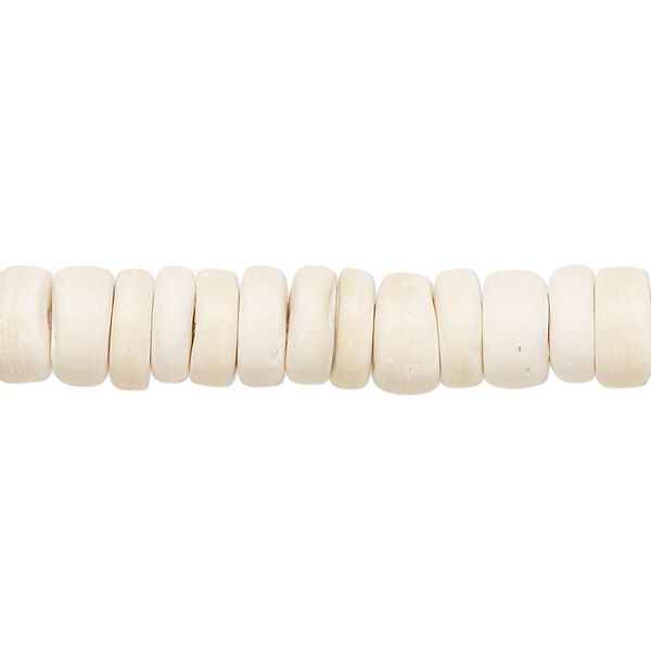 Bead, wood (bleached / waxed), white, 7x2mm-8x4.5mm hand-cut rondelle. Sold per pkg of (2) 15-1/2" to 16" strands. image number 0