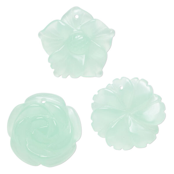 Drop mix, glass, translucent mint green, 29x26mm-30x30mm top-drilled carved flower. Sold per pkg of 3. image number 0