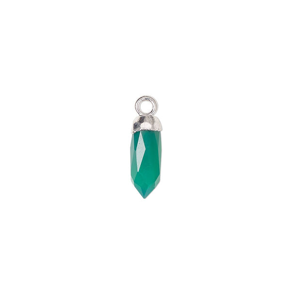 Drop, green onyx (dyed) and silver-plated copper, 12x5mm-14x6mm hand-cut faceted point. Sold individually. image number 0