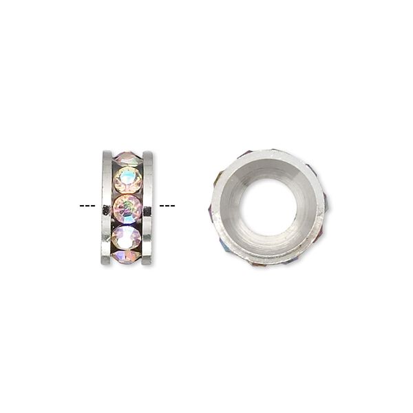 Bead, Dione®, Czech crystal and silver-plated brass, crystal AB, 12x5mm rondelle with 6mm hole. Sold per pkg of 2. image number 0