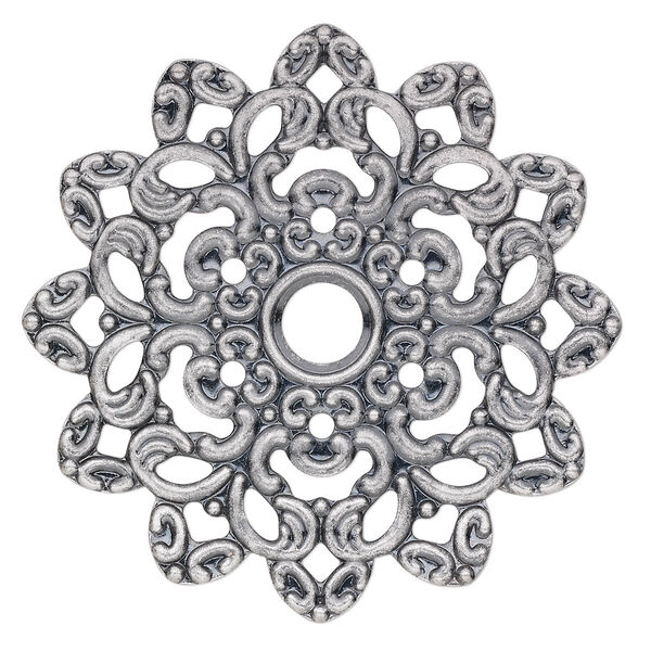 Focal, antique silver-plated steel, 47mm single-sided fancy flower with 6mm center hole. Sold per pkg of 6. image number 0