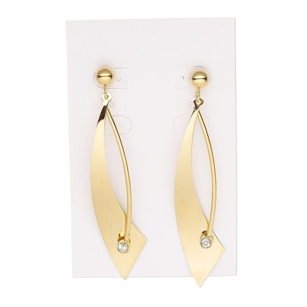 Earring, glass rhinestone and gold-finished stainless steel, clear, 2-3/4 inches with marquise and post. Sold per pair. image number 0