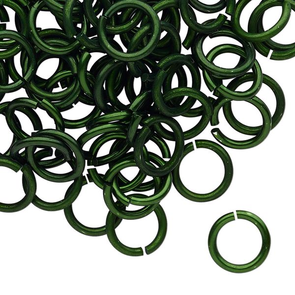 Jump ring, anodized tempered aluminum, dark green, 10mm round, 7.2mm inside diameter, 15 gauge. Sold per pkg of 100. image number 0