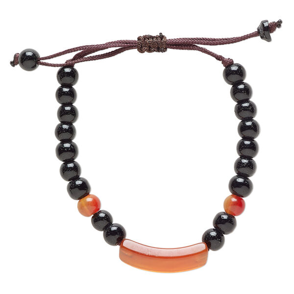 Black agate / red agate / glass / waxed cotton 1pkg1, curved rectangle bracelet adjustable 5-7.5 inch 10mm image number 0