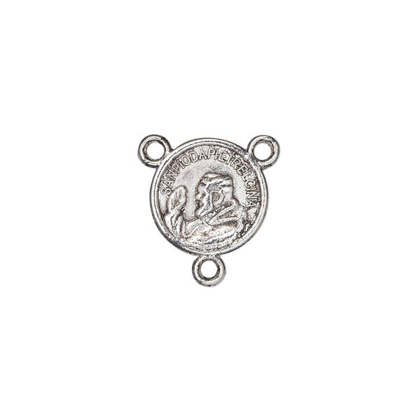 Connector, antique silver-plated "pewter" (zinc-based alloy), 13mm double-sided "The Miracles of San Padre Pio" rosary center round. Sold per pkg of 10. image number 0