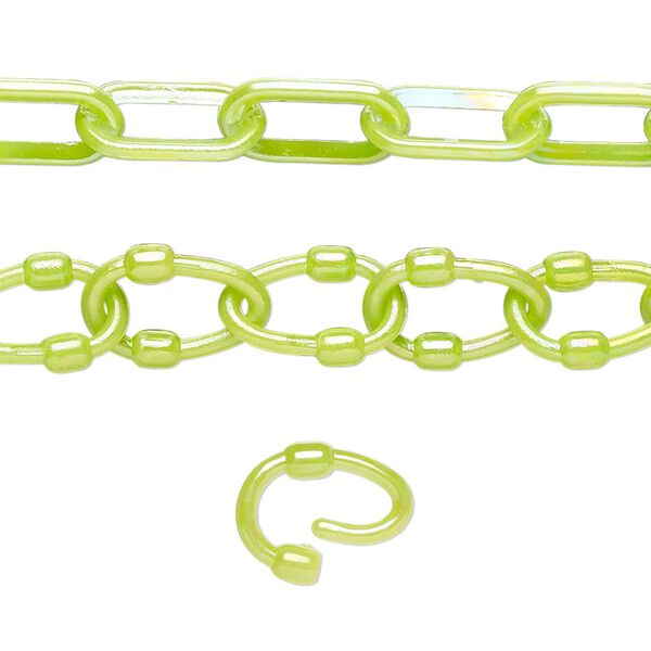 Chain, plastic, peridot green AB, 7mm oval with 9mm oval link. Sold per (5) 15" to 16" sections. image number 0