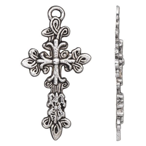 Focal, antique silver-plated "pewter" (zinc-based alloy), 43x25mm single-sided cross. Sold per pkg of 10. image number 0