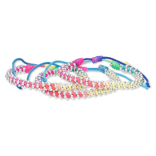 Bracelet mix, nylon and silver-coated plastic, multicolored, 8mm wide, adjustable from 6 to 8-1/2 inches with wrapped knot closure. Sold per pkg of 3. image number 0