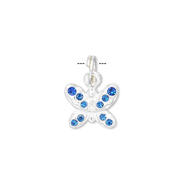 Charm, crystal and sterling silver, blue, 14x12mm butterfly. Sold individually. image number 0