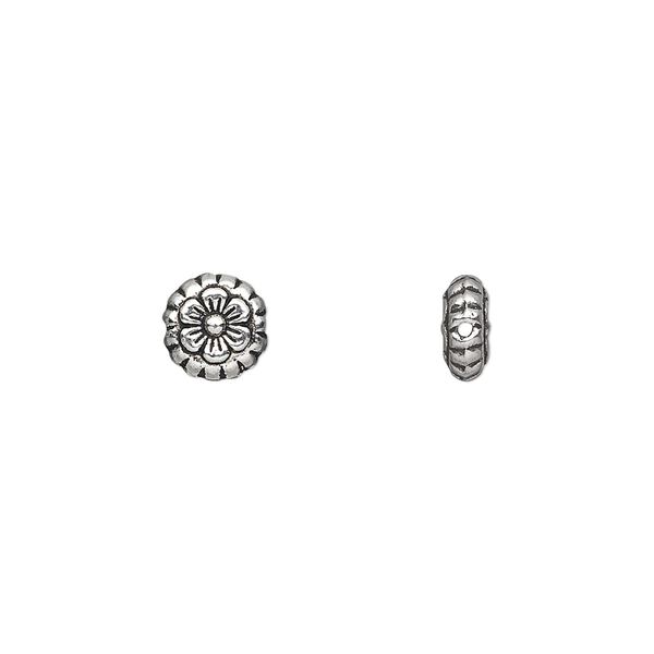 Bead, antique silver-plated "pewter" (zinc-based alloy), 7x3mm double-sided flat round flower. Sold per pkg of 100. image number 0