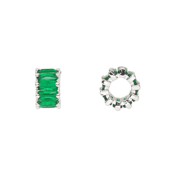 Bead, cubic zirconia and silver-plated brass, emerald, 10.5x6mm rondelle. Sold per pkg of 2. image number 0