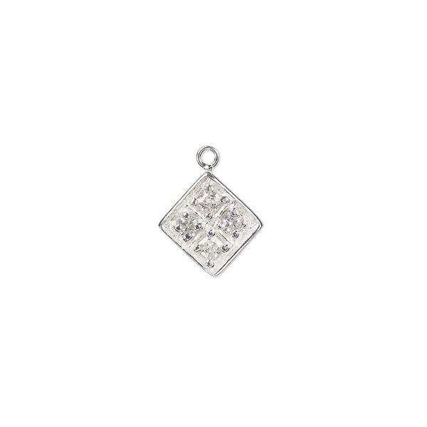 Drop, cubic zirconia and sterling silver, clear, 11mm faceted diamond. Sold individually. image number 0