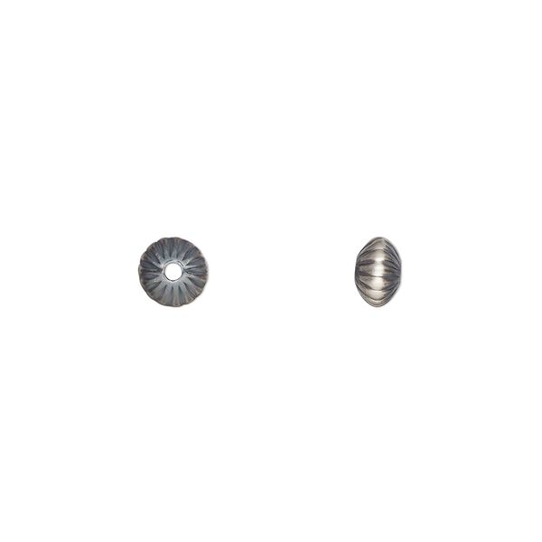 Bead, Navajo pearl style, brushed oxidized sterling silver, 5.5 x 3.5mm corrugated saucer. Sold per pkg of 2. image number 0