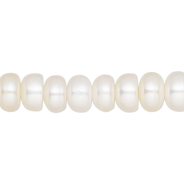 Pearl, cultured freshwater (bleached), white, 7.5x5mm-10x6mm button, C- grade, Mohs hardness 2-1/2 to 4. Sold per 8-inch strand, approximately 34-36 beads. image number 0