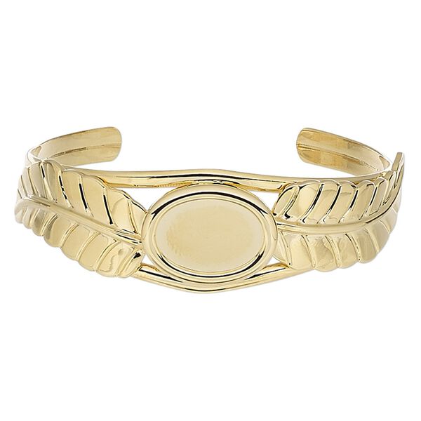 Bracelet, cuff, gold-plated brass / steel / "pewter" (zinc-based alloy), 22mm wide with 65x18mm feather and 18x13mm oval setting, adjustable. Sold individually. image number 0