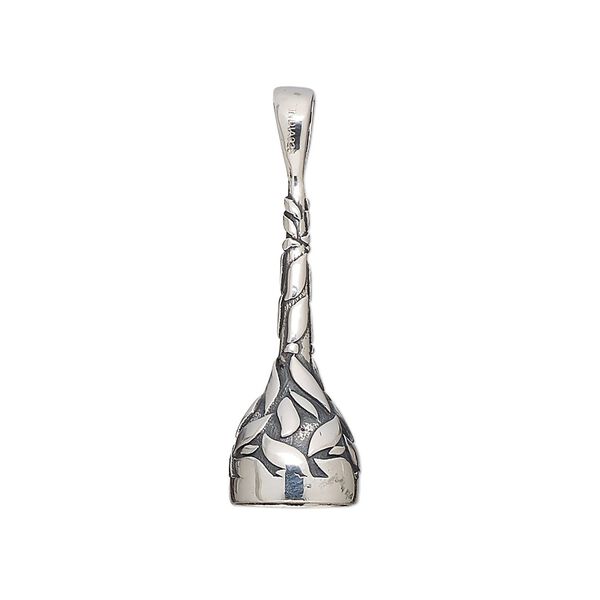 Pendant, antiqued sterling silver, 30x9.5mm cone with leaf design and 8mm round glue-in setting. Sold individually image number 0