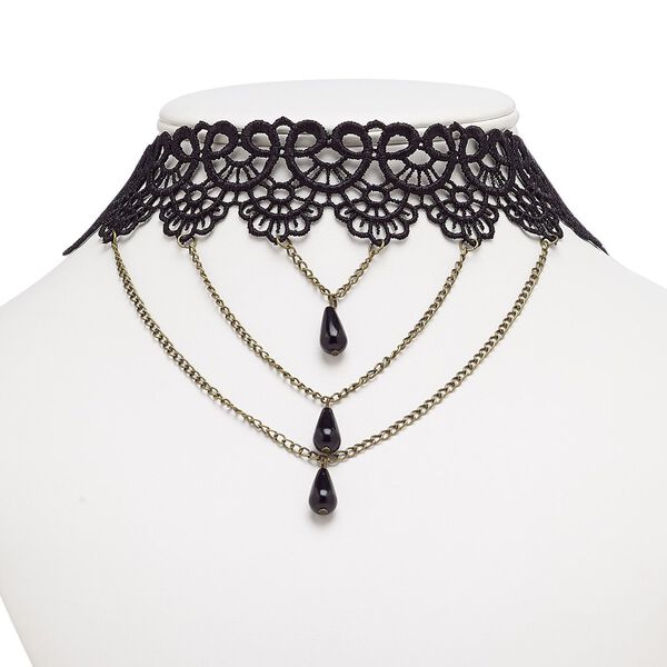 Necklace, choker, nylon lace / acrylic / antique brass-plated steel / "pewter" (zinc-based alloy), black, 35mm wide with teardrop, 16 inches with 2-inch extender chain and lobster claw clasp. Sold individually. image number 0