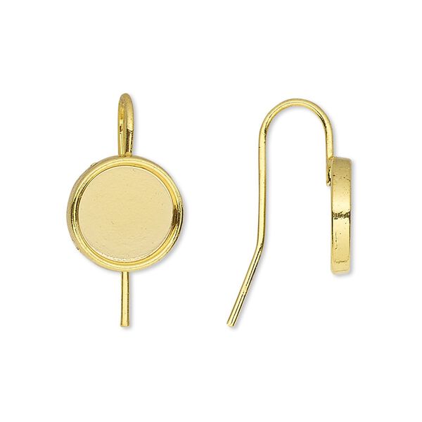 Ear wire fishhook 1pkg10 Almost Instant Jewelry®, 19mm / 10mm round glue-in cab setting, 18 gauge gold-finished brass 5 pair image number 0