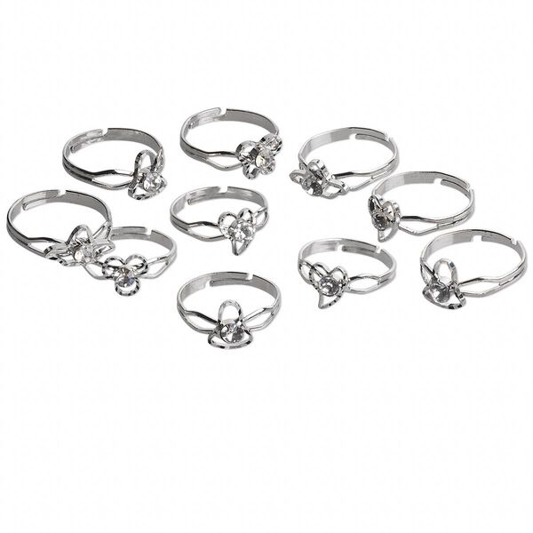 Ring mix, glass rhinestone and nickel-finished steel, clear, 6 styles, adjustable. Sold per pkg of 10. image number 0