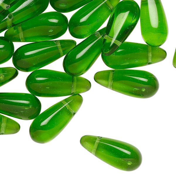 Bead, Czech glass, translucent green, 16x7mm top-drilled teardrop. Sold per 2-ounce pkg, approximately 65 beads. image number 0