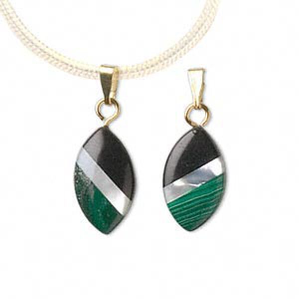 Pendant, black onyx (dyed) / mother-of-pearl shell (bleached) / malachite (natural) / gold-finished steel, 16x9mm marquise. Sold per pkg of 2. image number 0