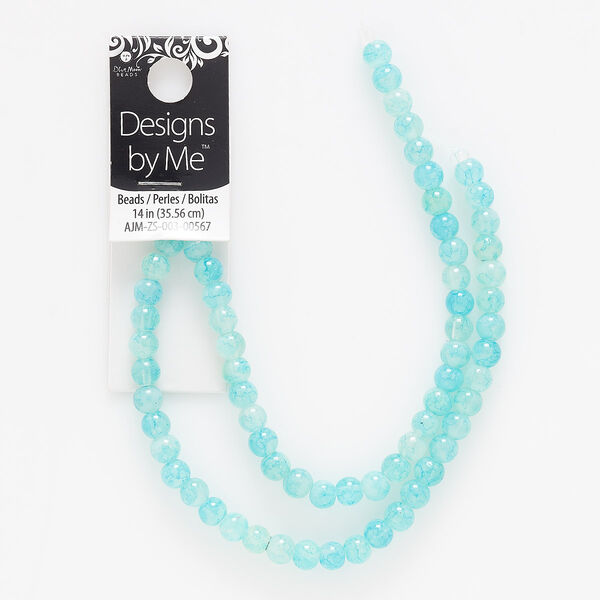 Bead, coated marbled glass, translucent aqua blue, 5-6mm round. Sold per 14-inch strand. image number 0