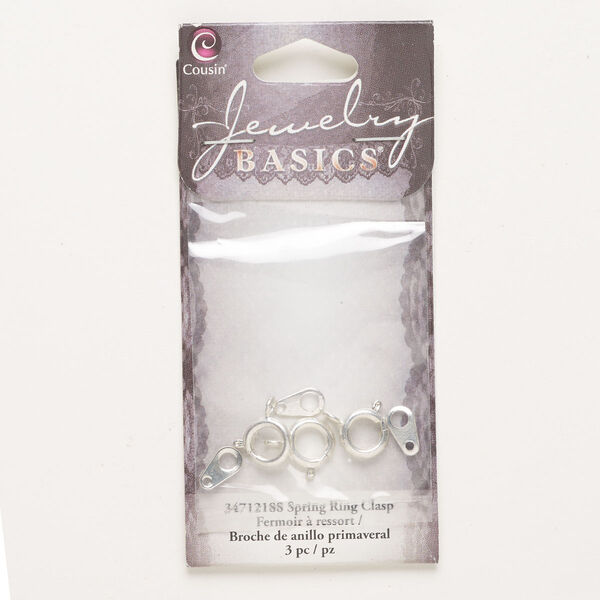 Clasp, springring, brass, pkg/3, silver finish, 8mm round with tabs. image number 0