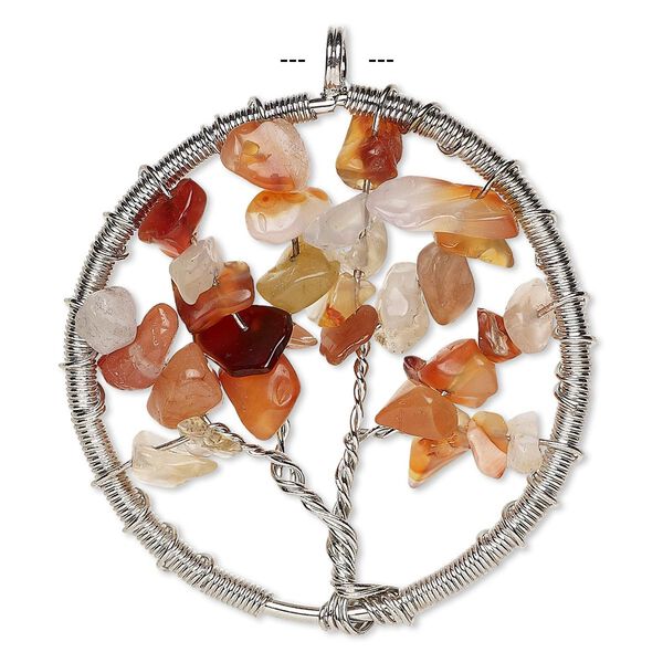 Focal, red agate (dyed / heated) and silver-plated brass, 55x52mm round with wire-wrapped tree design. Sold individually. image number 0