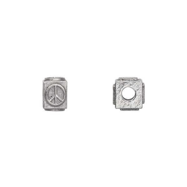 Bead, antiqued pewter (tin-based alloy), 8x6mm rectangle with peace symbol. Sold per pkg of 4. image number 0