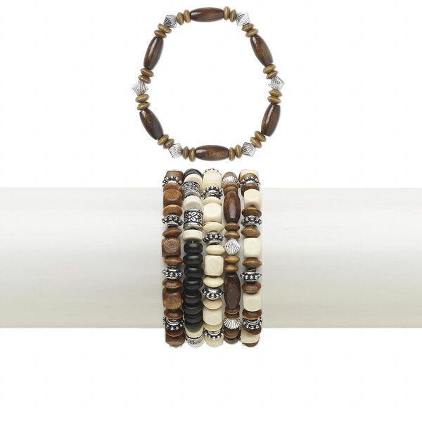 Bracelet mix, stretch, wood (natural / dyed) and silver-coated acrylic, black / brown / natural, 9mm wide with mixed shape, 6 inches. Sold per pkg of 5. image number 0