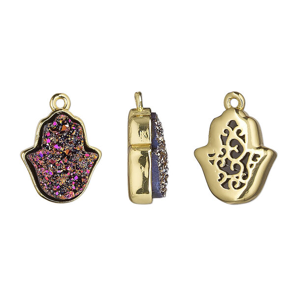 Drop, Druzylite™, "druzy" (resin) and gold-finished brass, metallic purple, 14x12.5mm two-sided Hamsa hand with open filigree back. Sold per pkg of 4. image number 0