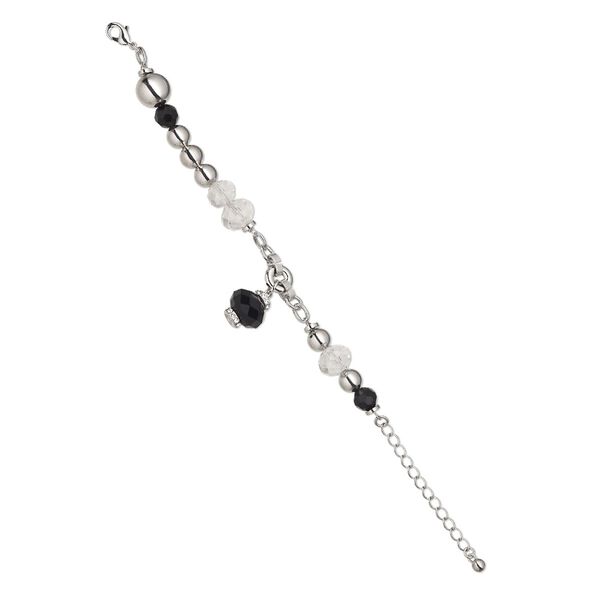 Bracelet, glass rhinestone / glass / silver-coated plastic / rhodium-finished steel / "pewter" (zinc-based alloy), black and clear, 12mm wide with rondelle and 14x13mm drop, 5-1/2 inches with 2-inch extender chain and lobster claw clasp. Sold individually. image number 0