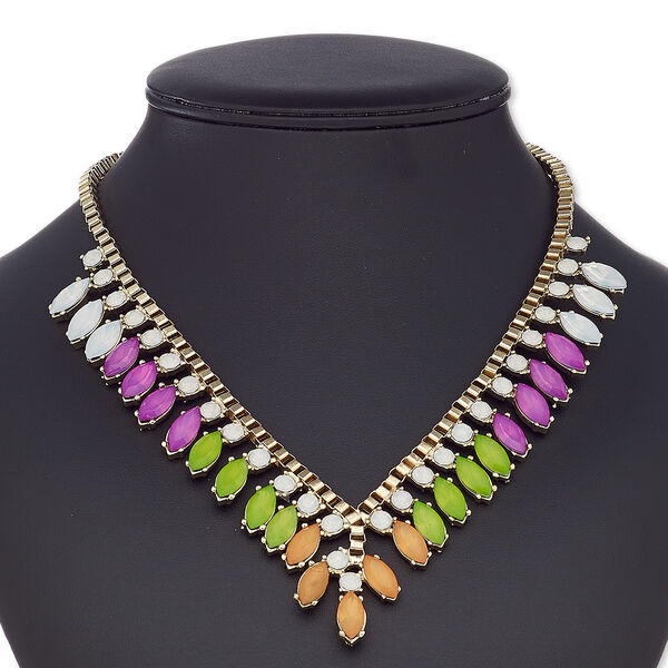 Necklace, acrylic / gold-coated plastic / gold-finished steel / "pewter" (zinc-based alloy), multicolored, marquise, 18 inches with 2-inch extender chain and lobster claw clasp. Sold individually. image number 0