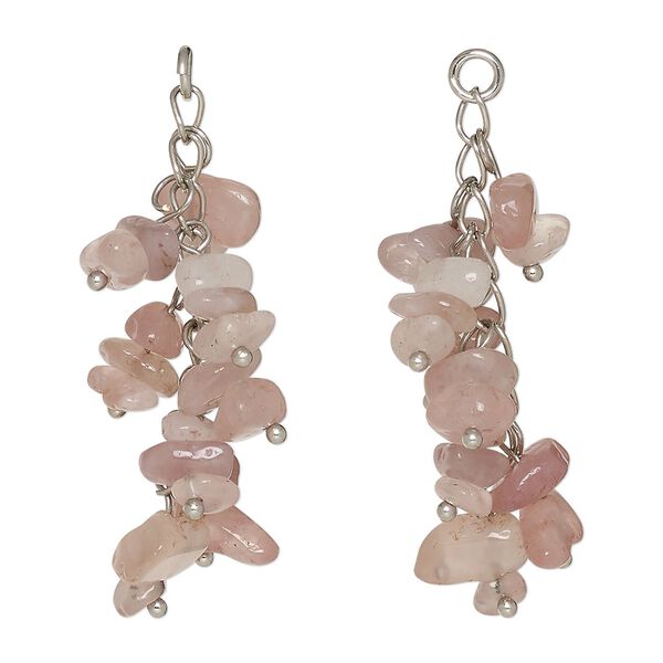Rose quartz / carbon steel 1pkg2, silver-finished cluster 48x14mm / 5mm open jump ring image number 0