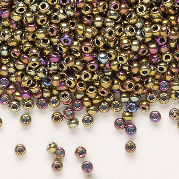 Seed bead, Miyuki, glass, pkg/50g, #8 rocaille, opaque nickel-plated golden olive iris (RR-188). image number 0