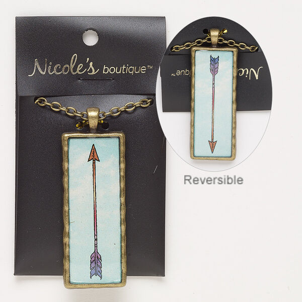 Necklace, glass / antique brass-finished "pewter" (zinc-based alloy) / steel, multicolored, 56x23mm double-sided rectangle with arrow design and glitter, 24 inches with lobster claw clasp. Sold individually. image number 0