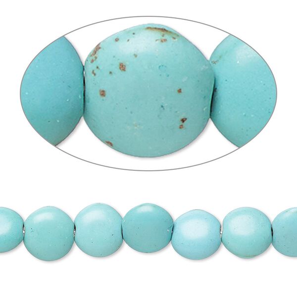 Bead, magnesite (dyed / stabilized), light teal green, 7-8mm puffed flat round, C grade, Mohs hardness 3-1/2 to 4. Sold per 15-inch strand. image number 0