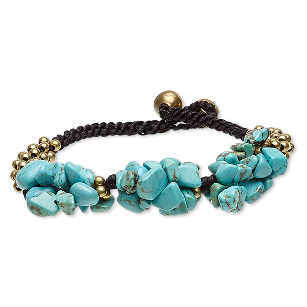 Bracelet, magnesite (dyed / stabilized) / nylon / gold-finished steel / brass, black and blue, chip and bells, 7 inches with button clasp. Sold individually. image number 0