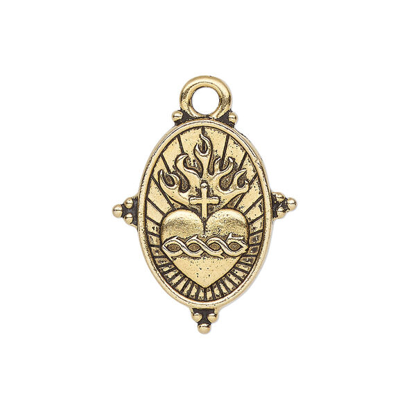 Drop, TierraCast®, antique gold-plated pewter, 25x21mm 2-sided beaded oval with sacred heart. Sold individually. image number 0
