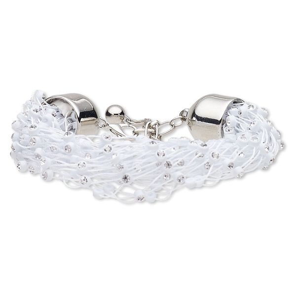 Bracelet, glass rhinestone / acrylic / nylon / silver-coated plastic / silver-finished steel, white and clear, 20mm wide, 6 inches with 2-inch extender chain and lobster claw clasp. Sold individually. image number 0