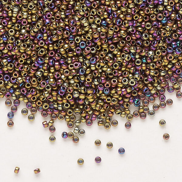 Seed bead, Miyuki, glass, pkg/35g, #15 rocaille, opaque nickel-plated golden olive iris, (RR-188). image number 0