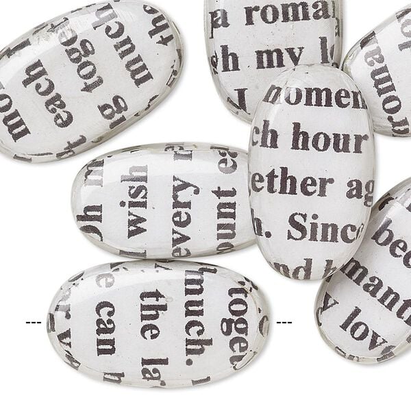 Bead, wood / newspaper / acrylic, white and black, 24x14mm double-sided flat oval with phrase in English. Sold per pkg of 8. image number 0
