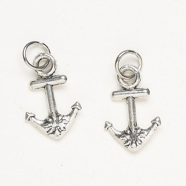 Charm, steel, pkg/2, silver finish, 20x13mm-21x14mm double-sided anchor. image number 0
