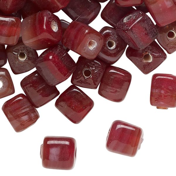 Bead, glass, translucent dark red and white, 9x7mm cube with swirl design. Sold per 4-ounce pkg, approximately 125 beads. image number 0