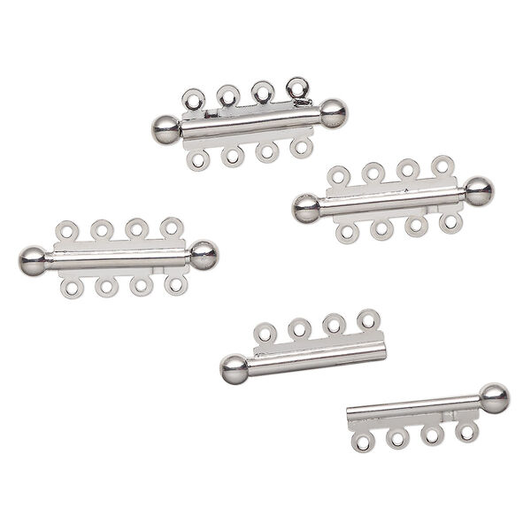 Clasp, 4-strand slide lock, silver-finished brass, 31x6mm tube. Sold per pkg of 4. image number 0