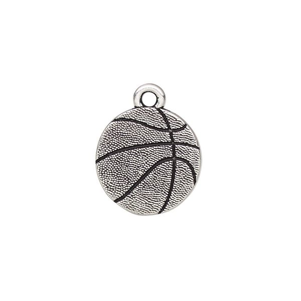 Charm, TierraCast®, antique silver-plated pewter (tin-based alloy), 15.5mm two-sided textured basketball. Sold per pkg of 20. image number 0